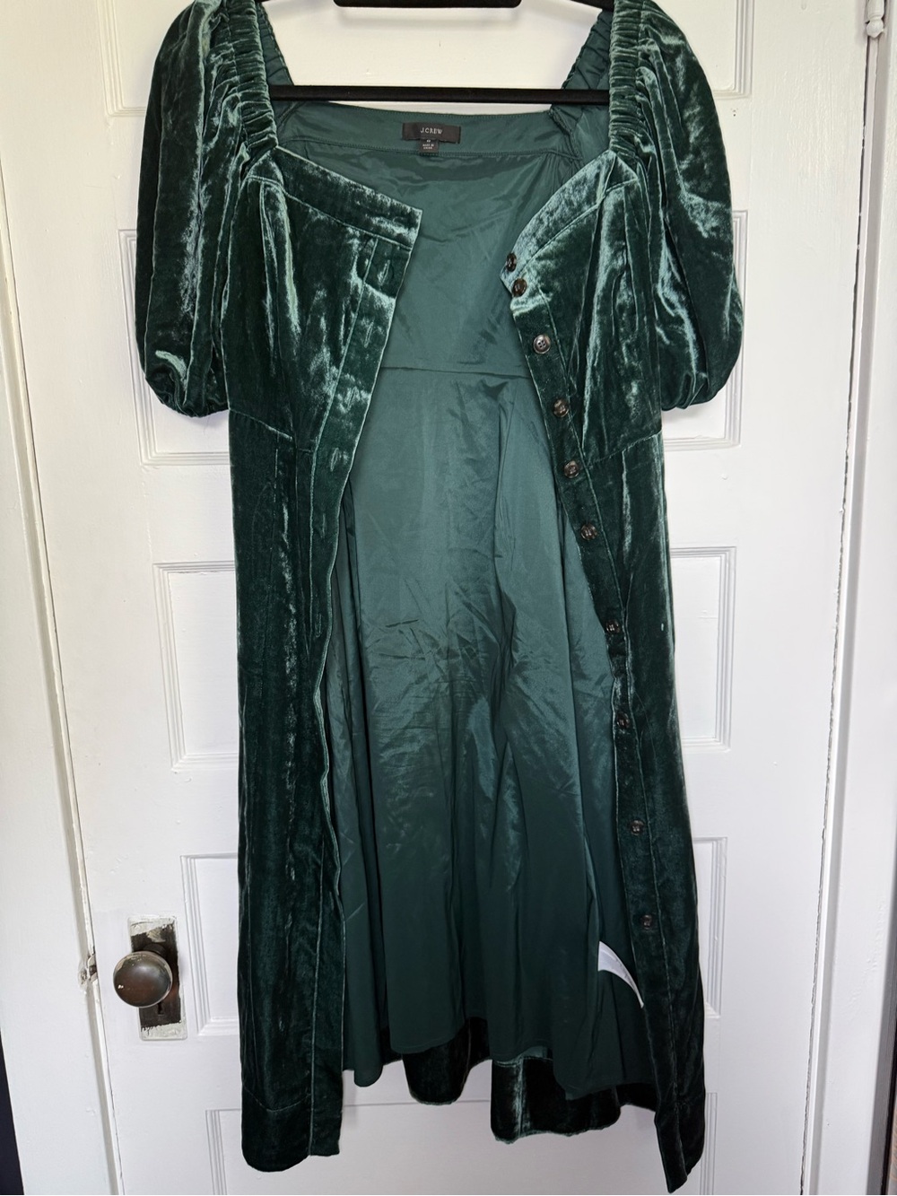 J.Crew Emerald Velvet Puff Sleeve Square-Neck Button Front Midi Dress Whimsigoth - Picture 5 of 14